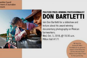 Bartletti event flyer shows photo of migrants riding in a truck